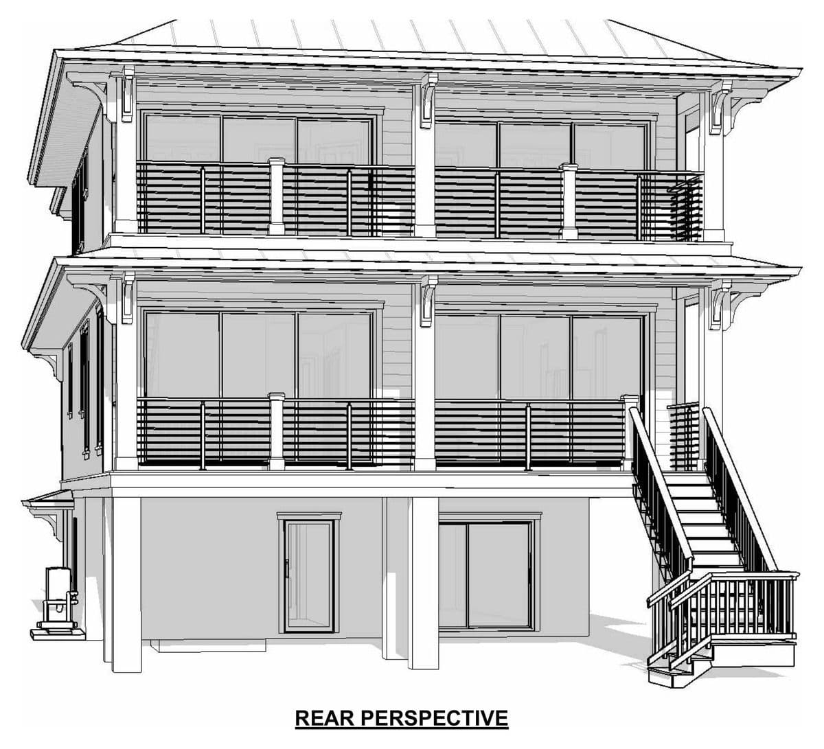 Rear perspective line drawing showing stacked balconies and an exterior stair