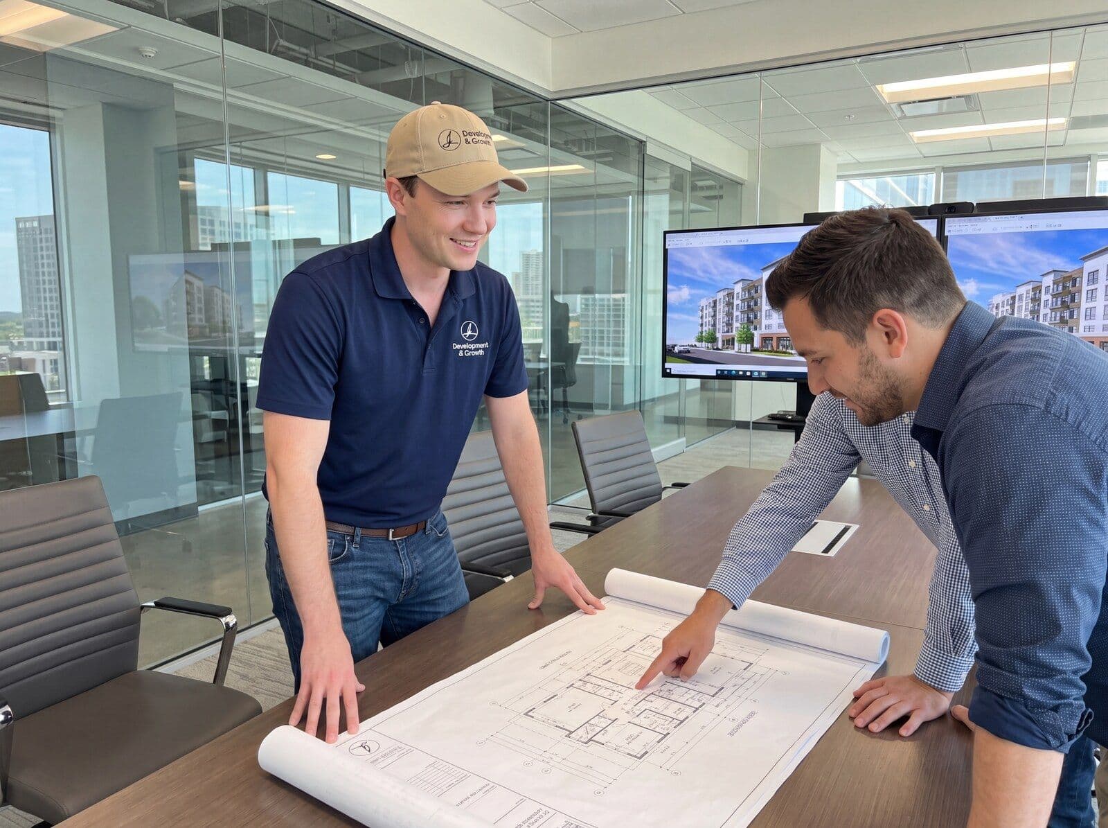 David Gizys reviewing a set of building plans with a client over a conference table
