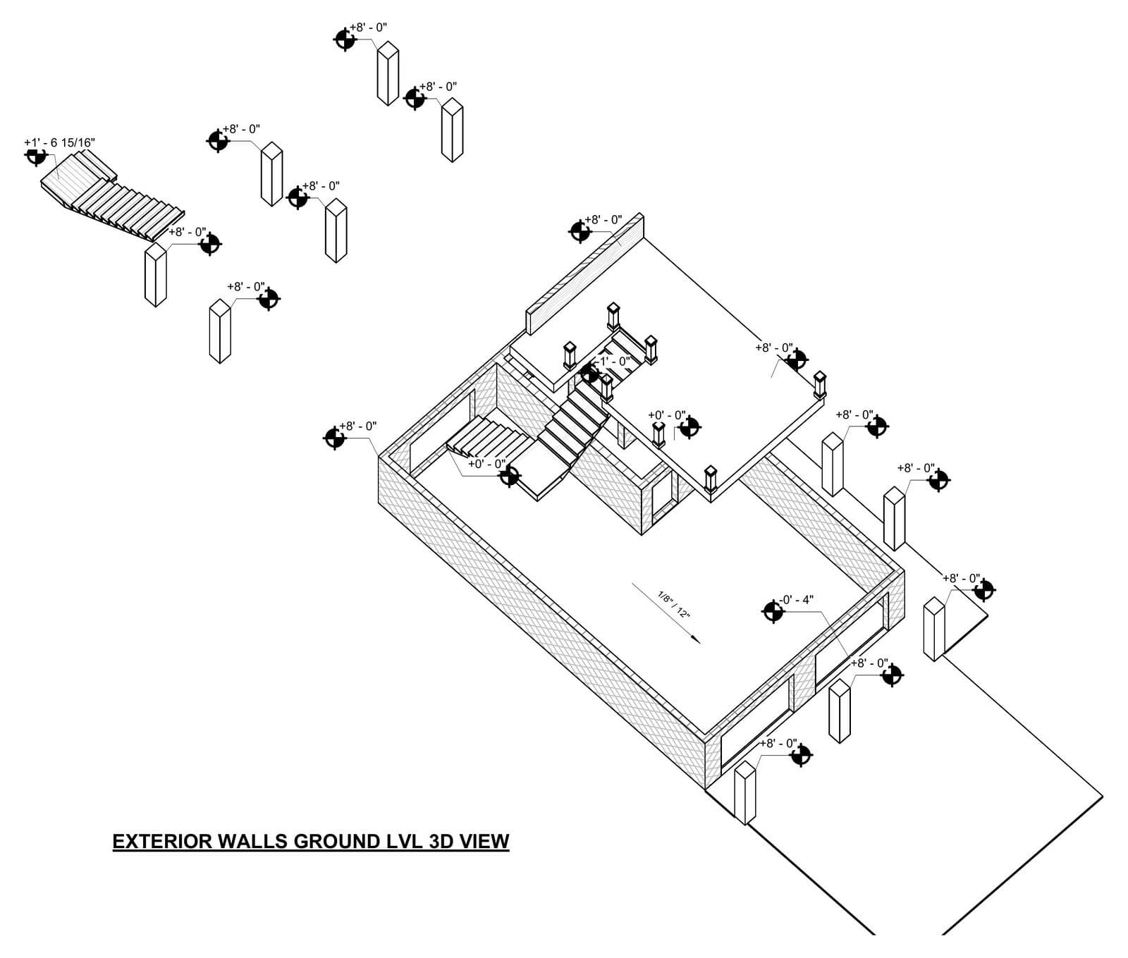 Exploded axonometric of ground-level exterior walls and pile foundation