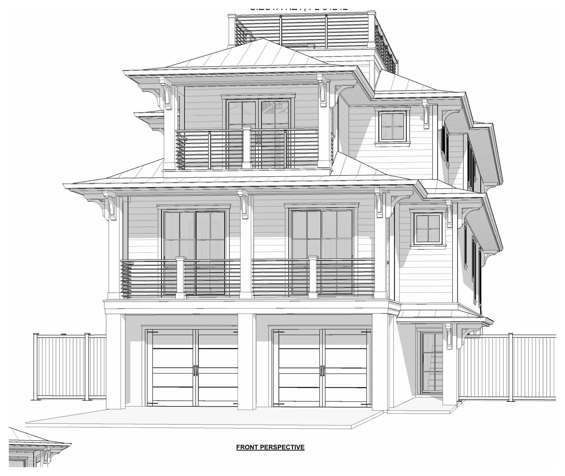 Front perspective line drawing of a three-storey elevated coastal home with metal roof and double garage