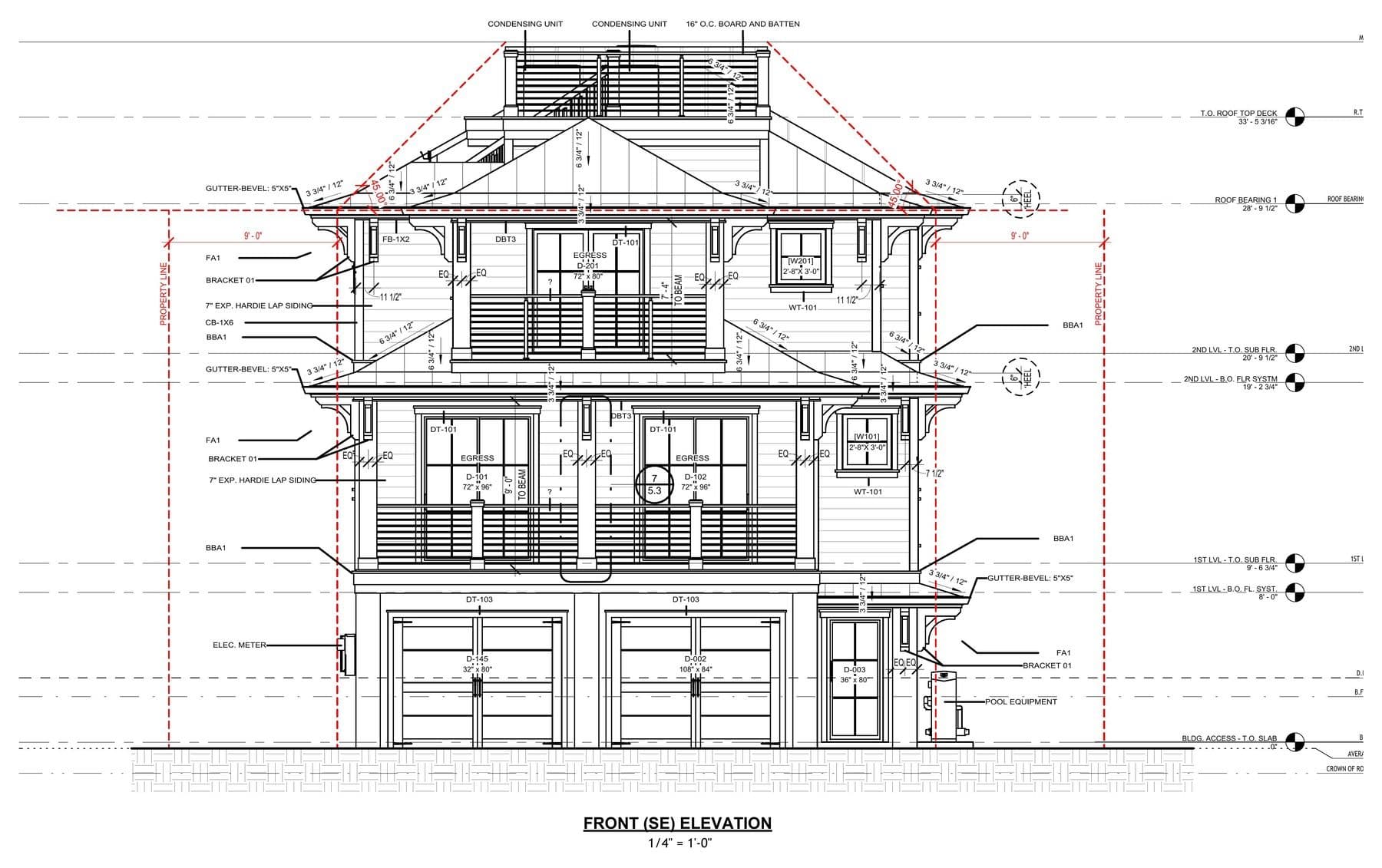 Dimensioned front elevation showing height limits and floor datums in red