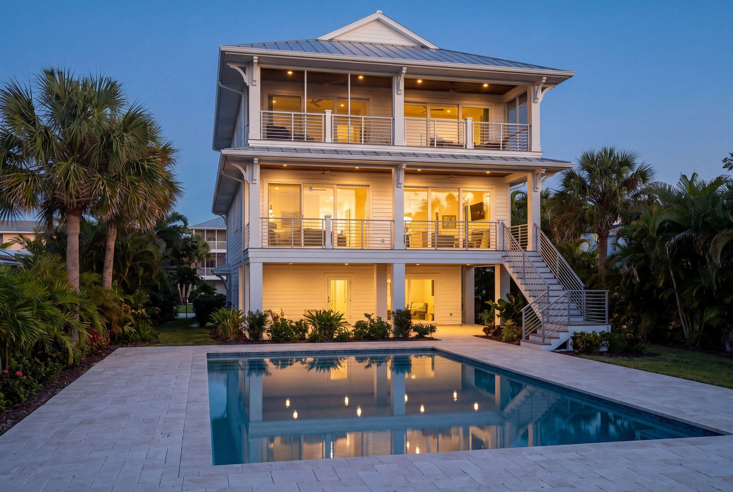 Artist rendering of the same house at dusk from the pool deck, interior lights glowing